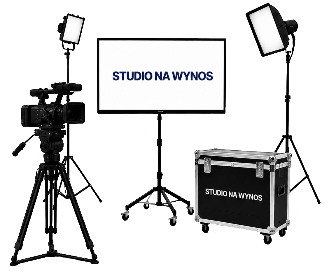 Mobilne studio z kamerą, telewizorem, lampami i skrzynią